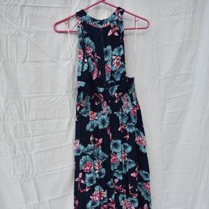 Dark blue floral floor-length halter top dress.